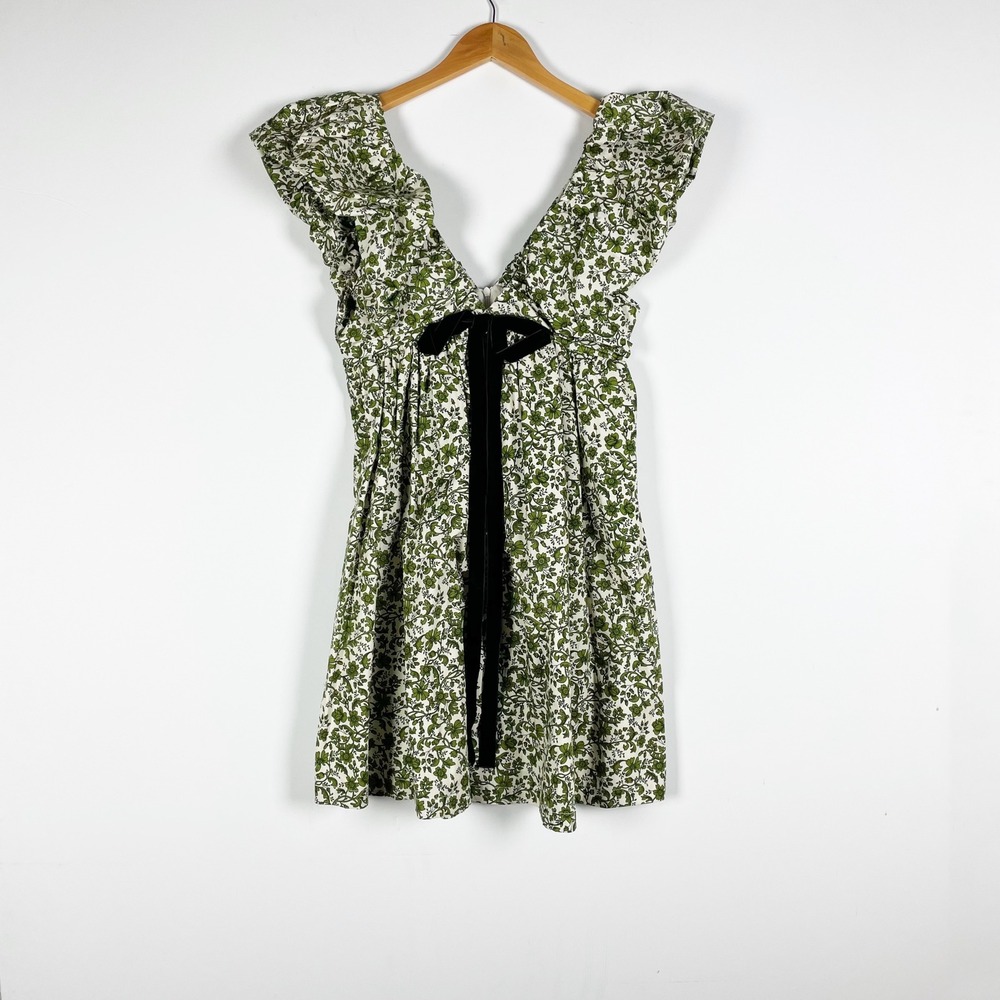 O.P.T Didi Cotton Poplin Freen Floral Flower Velvet Velour Bow Mini Dress XS
